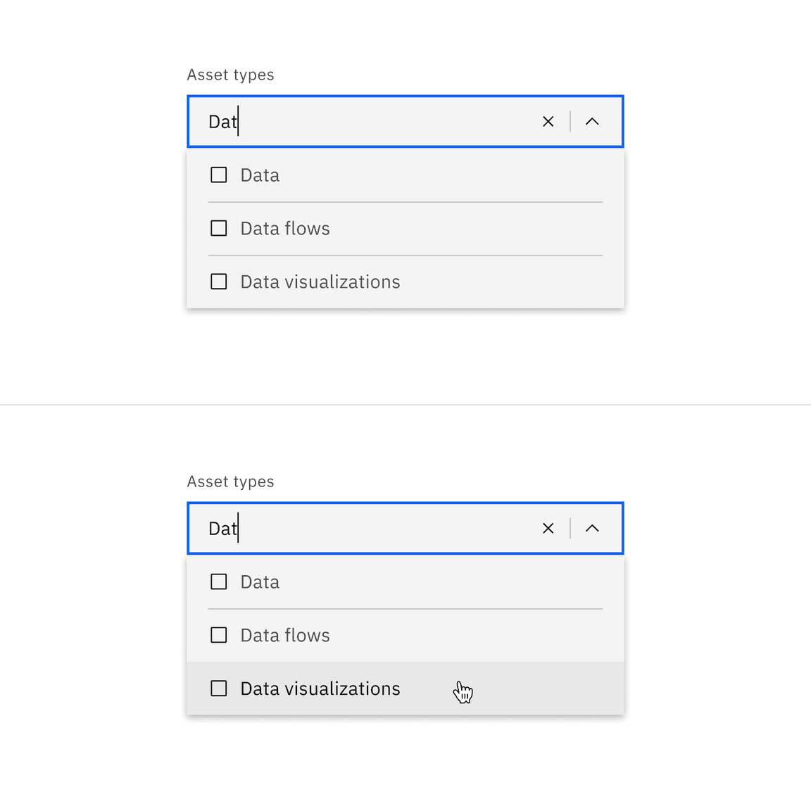 Filterable dropdown typing and filtering open menu.